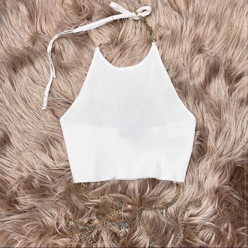 White Ribbed Halter Crop Top